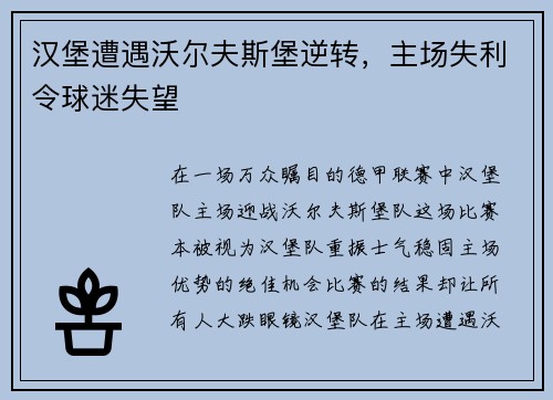汉堡遭遇沃尔夫斯堡逆转，主场失利令球迷失望