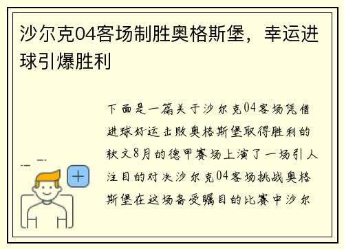 沙尔克04客场制胜奥格斯堡，幸运进球引爆胜利